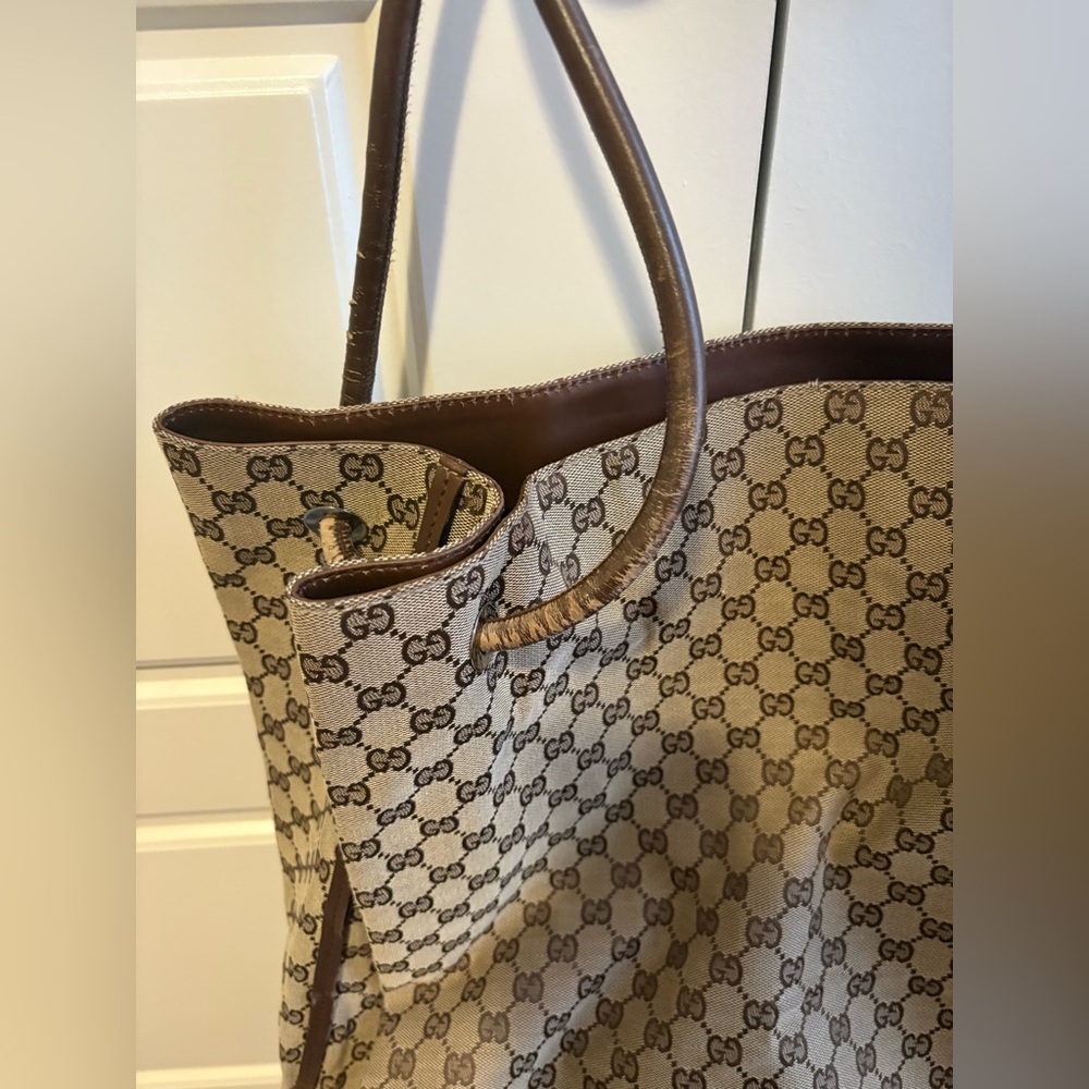 Y2K Vintage Gucci Jumbo GG Monogram Canvas Tote Bag • Brown Leather Straps - Picture 6 of 15